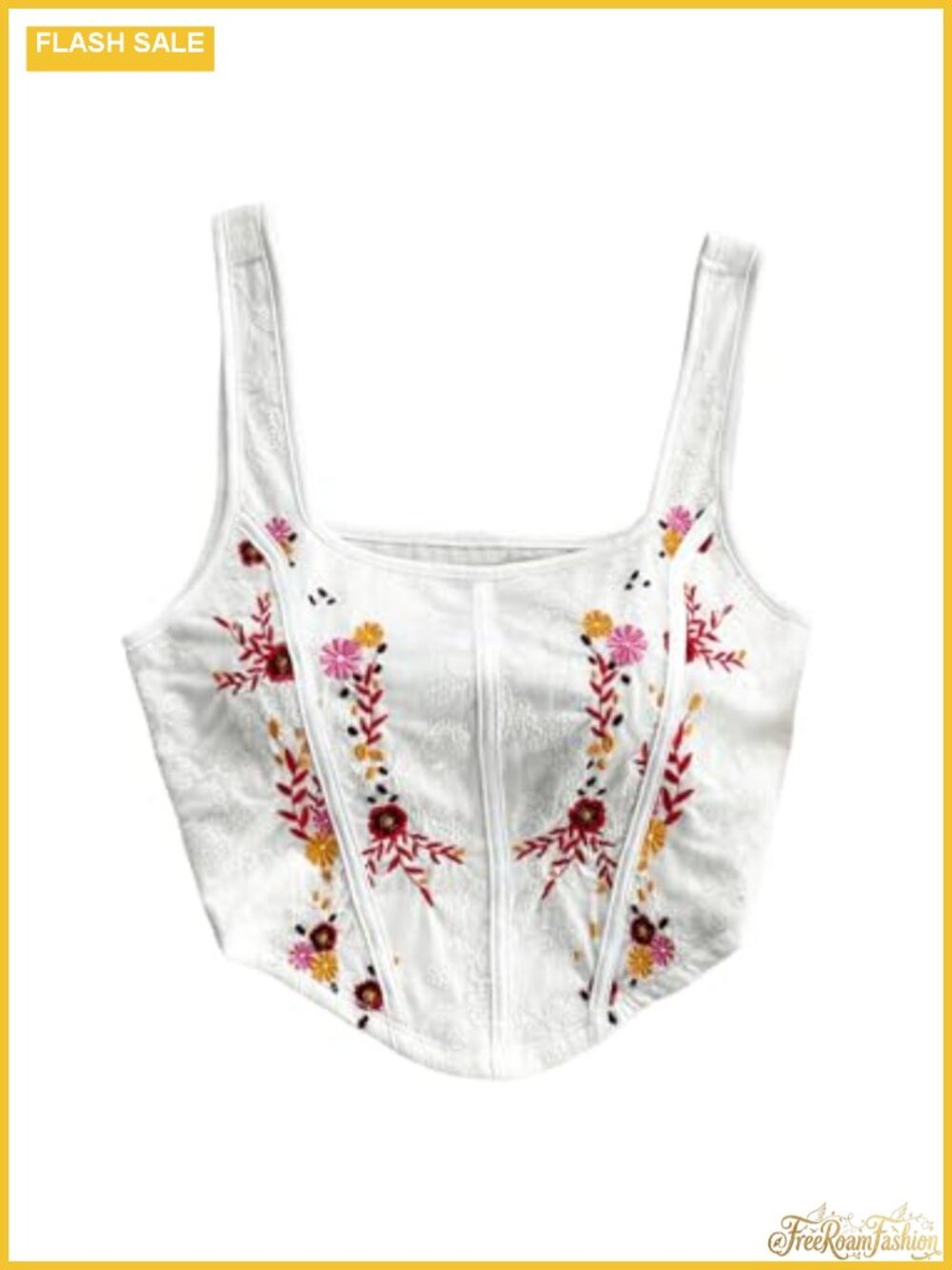 Embroidered Floral Bustier Crop Tank Top Boho Sleeveless Square Neck